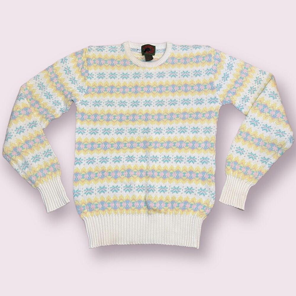 Boston Traders Sweater Womens Medium Pastel Pullover Fair Isle Ladies White Blue